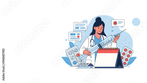 Female doctor in a lab coat holds a large syringe surrounded by medication packets and a blank calendar representing vaccine scheduling.