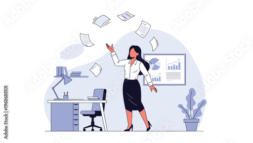 Successful businesswoman celebrates by throwing documents into the air in her modern office after completing a major project or goal.