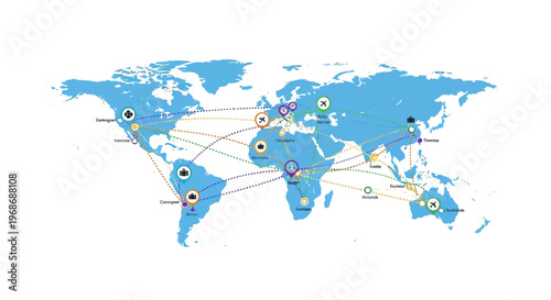 Global Connection: A visual representation of global connectivity, illustrating the intricate network of international relationships and communication across different regions. 