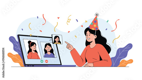 Smiling woman wearing a colorful party hat uses her laptop to have a virtual birthday celebration with her friends through video call.