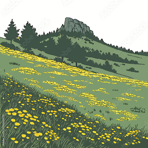A vibrant hillside illustration showcases a lush green meadow filled with yellow wildflowers overlooked by a rocky mountain peak