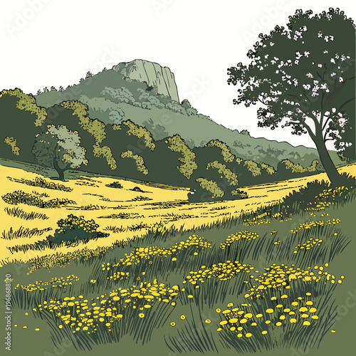 A vibrant illustration depicts a sunny meadow filled with yellow wildflowers overlooked by a large rocky mountain formation high quality