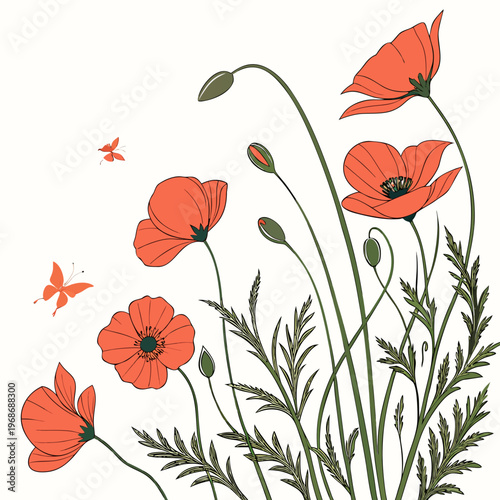 A vibrant illustration depicts several red poppy flowers with slender green stems and delicate leaves accompanied by fluttering butterflies