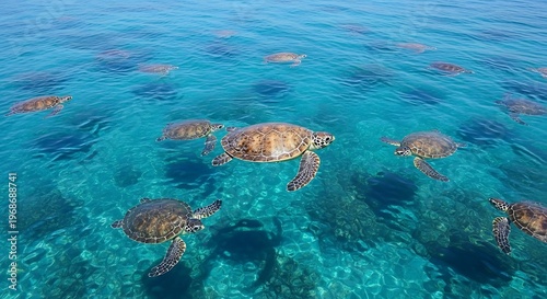 Sea Turtles Swimming in Crystal Clear Blue Ocean Waters.