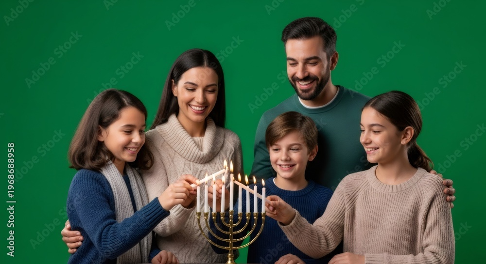 Obraz premium Family lighting Hanukkah menorah candles together. Happy Hanukkah celebration concept for Jewish holiday.