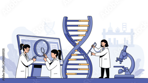 Team of researchers in lab coats works carefully with a large scale DNA double helix model for genetic science and medicine studies.