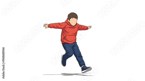 Happy young boy in a red hoodie and blue trousers runs excitedly across a white space with his arms spread wide like wings.