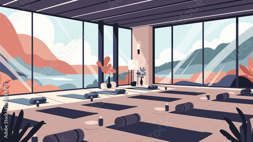 Peaceful yoga studio interior features mats spread across the floor with large windows overlooking a scenic mountain landscape.