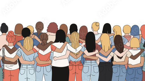 Large group of diverse women standing together with their arms around each other from behind in a show of unity and female solidarity.