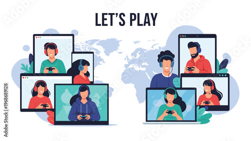 Collection of diverse people playing video games on screens with headsets against a world map background under the text let's play.