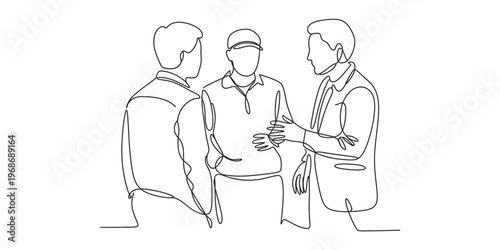 A minimalist single line drawing illustration of three men engaged in a professional discussion Vector, illustration