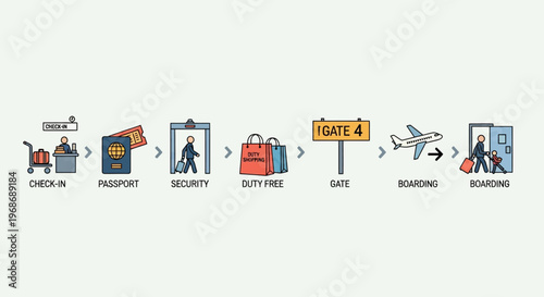 Journey of Flight: A seamless flow of the airport experience unfolds in a clean line, from check-in to boarding. The illustration depicts each key step.