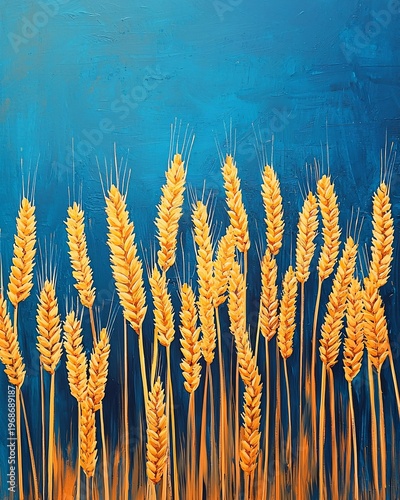 Abstract Art of Wheat Stalks Against a Vibrant Blue Background