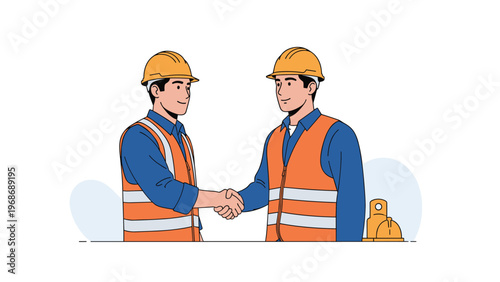 Two professional male construction workers in safety vests and hard hats shake hands in agreement at a white background work site.
