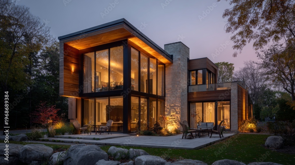 Fototapeta premium Modern House Exterior Featuring Large Glass Windows Surrounded by Nature at Dusk