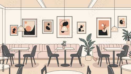 Contemporary cafe interior design features stylish seating, wooden tables, elegant lighting, and lush indoor plants in a warm atmosphere.