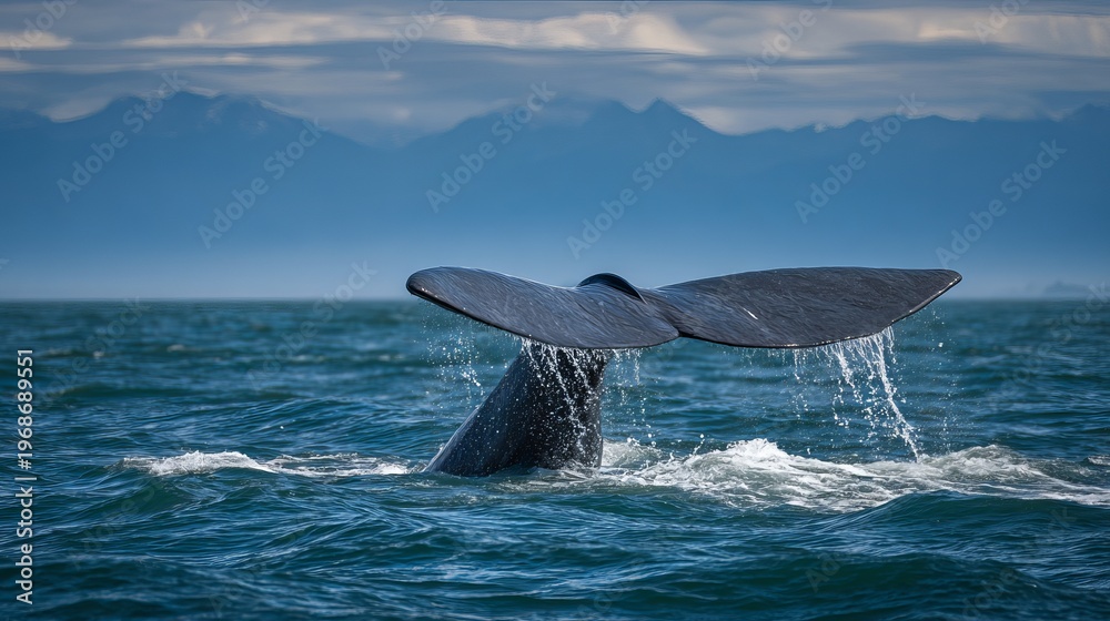 Fototapeta premium Tail of a huge sperm whale moves through Oregon coastal waters.