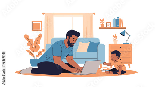 Dedicated father balances working on his laptop from home while engaging with his young child on a colorful living room rug.