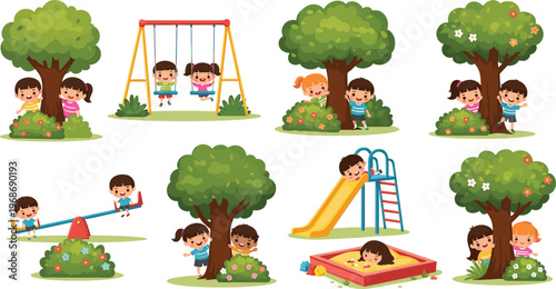 Children Playing in the Park Vector Set Featuring Swings, Slides, Seesaws, and Sandbox for Outdoor Fun and Playground Activities