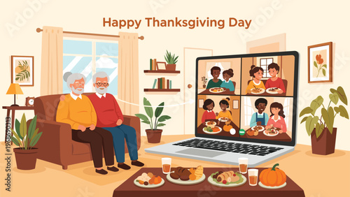 Senior couple enjoys a virtual Thanksgiving dinner via video call on a laptop to connect with family members during the holidays.