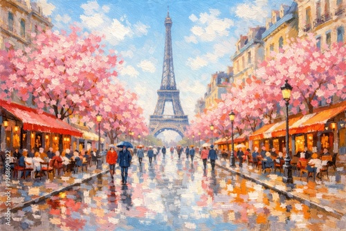 Parisian Springtime Stroll: A vibrant painting captures the essence of spring in Paris. The iconic Eiffel Tower stands majestically, framed by blossoming cherry trees.