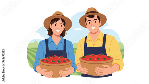 Smiling male and female farmers hold wooden bowls overflowing with fresh red tomatoes harvested from their organic vegetable farm.