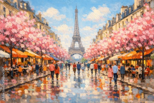 Parisian Springtime Stroll: A vibrant painting captures the essence of spring in Paris. The iconic Eiffel Tower stands majestically.
