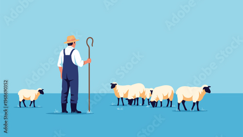 Traditional shepherd with a wooden staff stands in a vast blue field while watching over a flock of sheep grazing under a clear sky.
