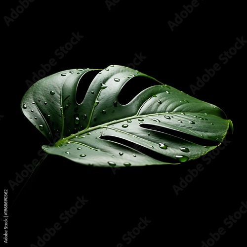 Monstera Leaf with Water Droplets on Black Background.