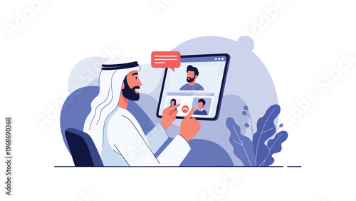 Arab businessman in traditional clothing participates in a remote video conference call using a tablet in a modern office space.