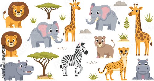 Cute African safari animals cartoon vector set with lion elephant giraffe zebra hippo cheetah and bear characters isolated on white background