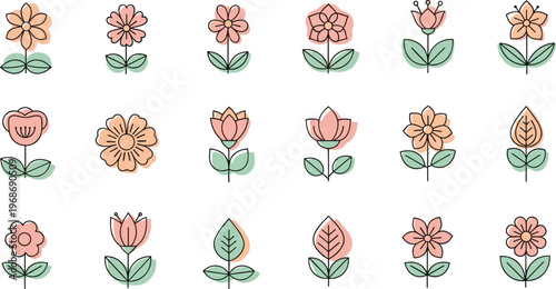 Cute minimal flowers doodle vector set with simple pastel floral icons and botanical elements in flat hand drawn style isolated on white background
