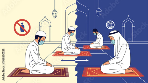 Muslim men wear face masks and practice social distancing while praying on individual rugs in a mosque during the pandemic era.