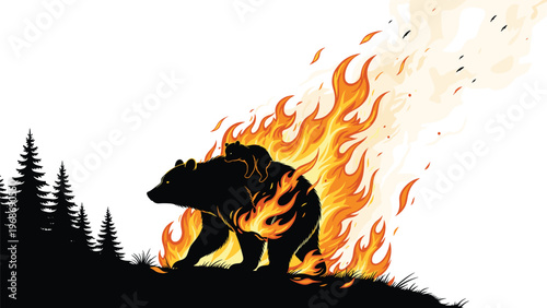 Silhouette of a large bear carrying a cub on its back while walking through a dangerous forest fire with orange flames and smoke.
