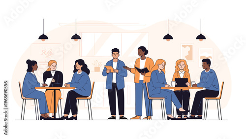 Group of coworkers and friends meets for coffee and discussion in a modern cafe with warm lighting and comfortable seating areas.