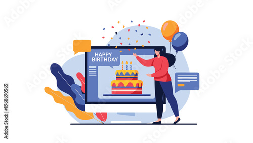 Young woman celebrates a virtual birthday party with a digital cake on a computer screen decorated with balloons and confetti.
