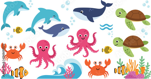 Cute ocean animals cartoon vector set featuring dolphin whale octopus crab turtle and tropical fish characters in playful marine style isolated on white background