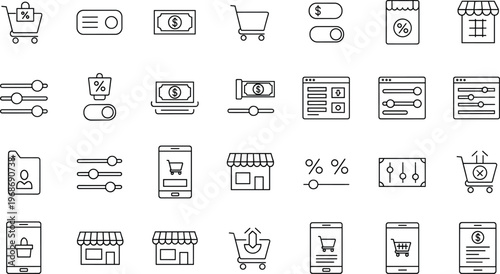E-commerce and online payments line icon set with shopping cart security, credit cards, wallets, discounts, invoices, stores, and transaction vector.