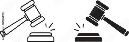A graphic illustration of two gavel icons in black and white line art style