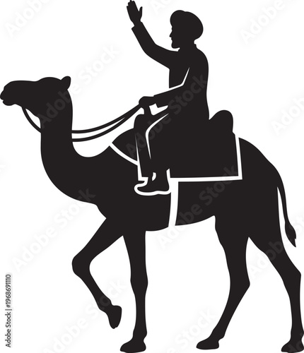 Arabian man riding a camel silhouette waving hand, middle eastern desert travel and desert transport icon, bedouin character on dromedary vector illustration for tourism design.