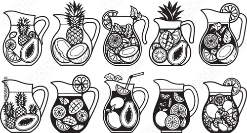 Black and white illustration of ornate vases with floral and geometric patterns Vector