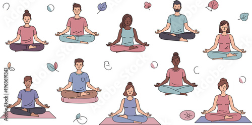People meditating yoga vector set with diverse men and women practicing mindfulness meditation lotus pose and relaxation exercises isolated on white background