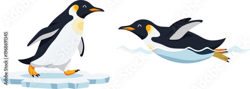 Penguin Vector Set Featuring Walking and Flying Penguins on Ice for Animal, Wildlife, and Nature Illustrations