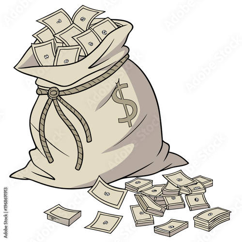 An illustrative depiction of a bulging money bag overflowing with cash and scattered bills on a white background high quality
