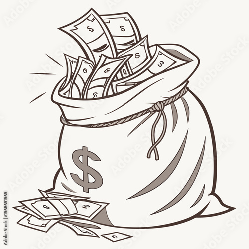 A detailed illustration depicts a bulging sack overflowing with us currency symbolizing wealth and financial abundance high quality professional modern