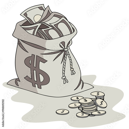 A detailed illustration depicts a gray sack overflowing with money and scattered coins on a surface high quality professional modern