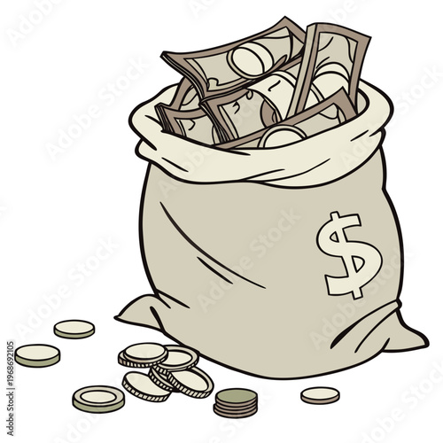 A detailed cartoon illustration depicts a beige bag overflowing with us currency including bills and coins high quality professional modern