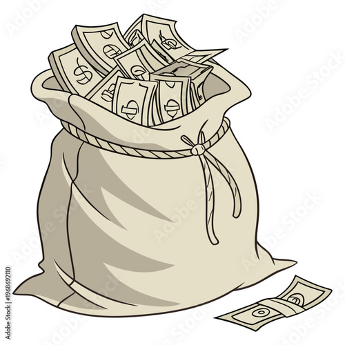 A hand drawn illustration depicts a bulging sack overflowing with us currency and a single bill lying nearby high quality