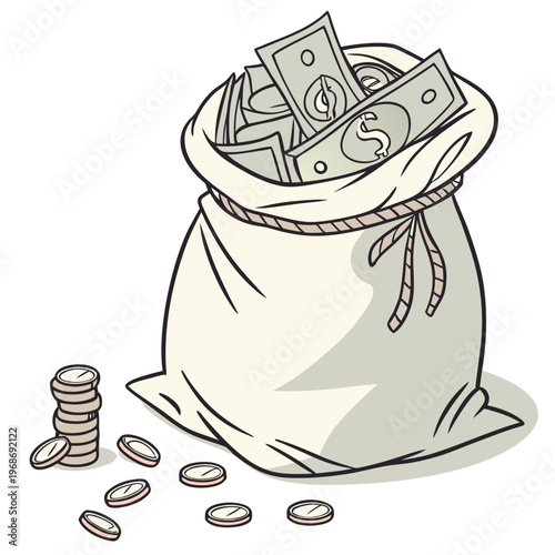 A cartoon illustration depicts a full bag overflowing with banknotes and scattered coins representing wealth and financial assets high quality