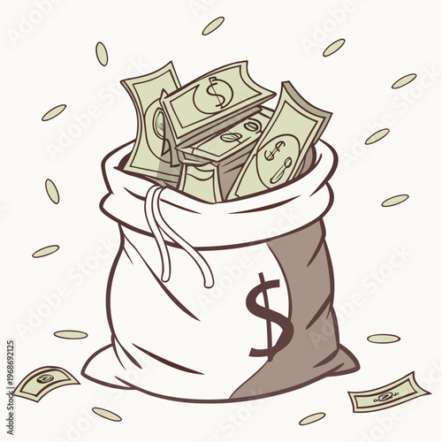 An illustrative depiction showcases a bulging sack overflowing with numerous united states dollar bills and scattered coins high quality professional